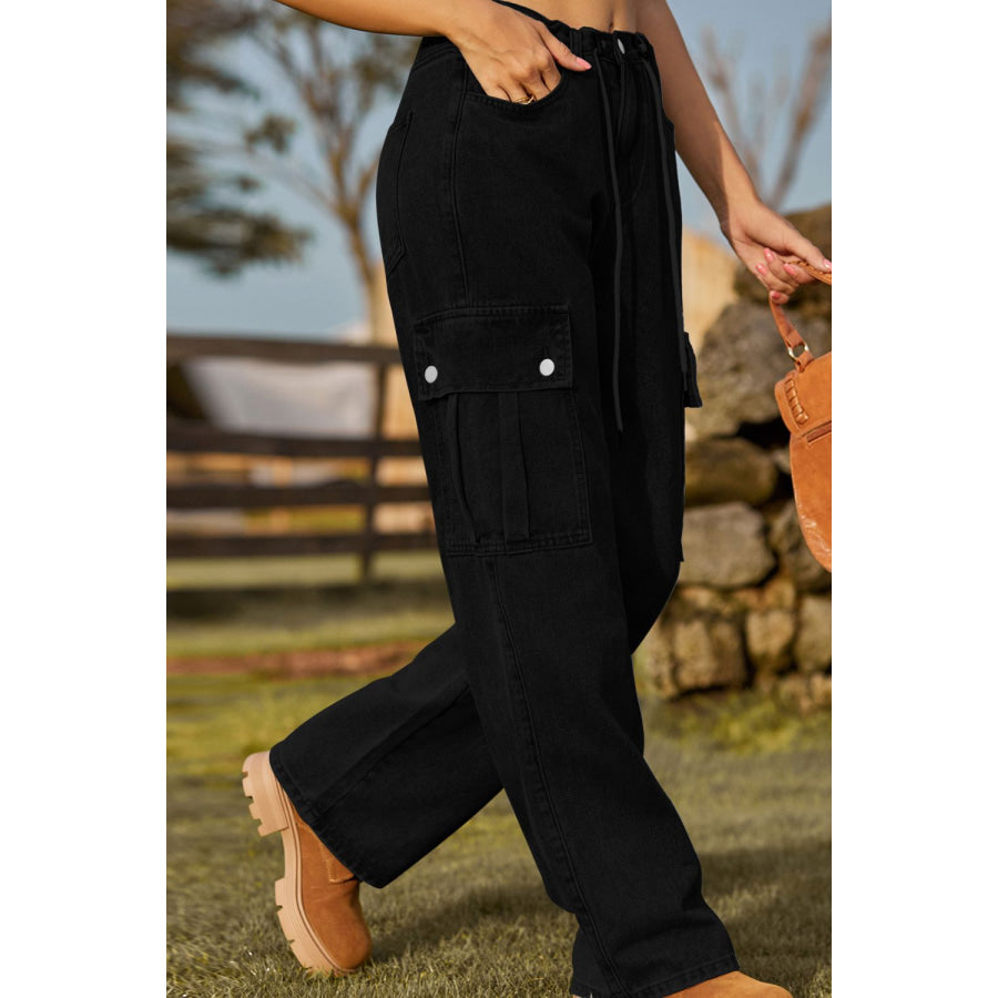 Loose Fit Drawstring Jeans with Pocket