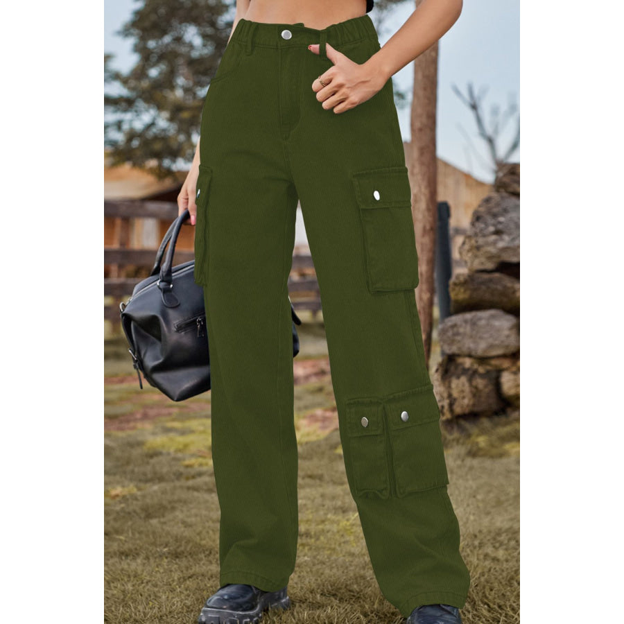Loose Fit Long Jeans with Pockets Army Green / S