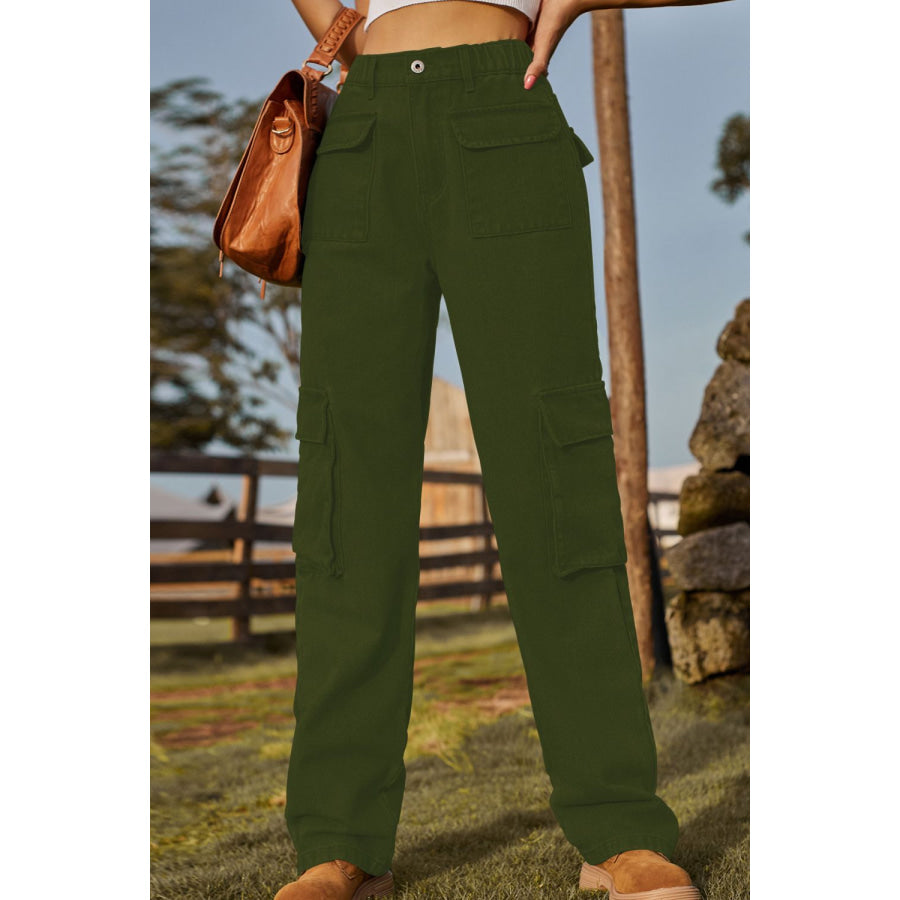 Loose Fit Long Jeans with Pockets Army Green / S