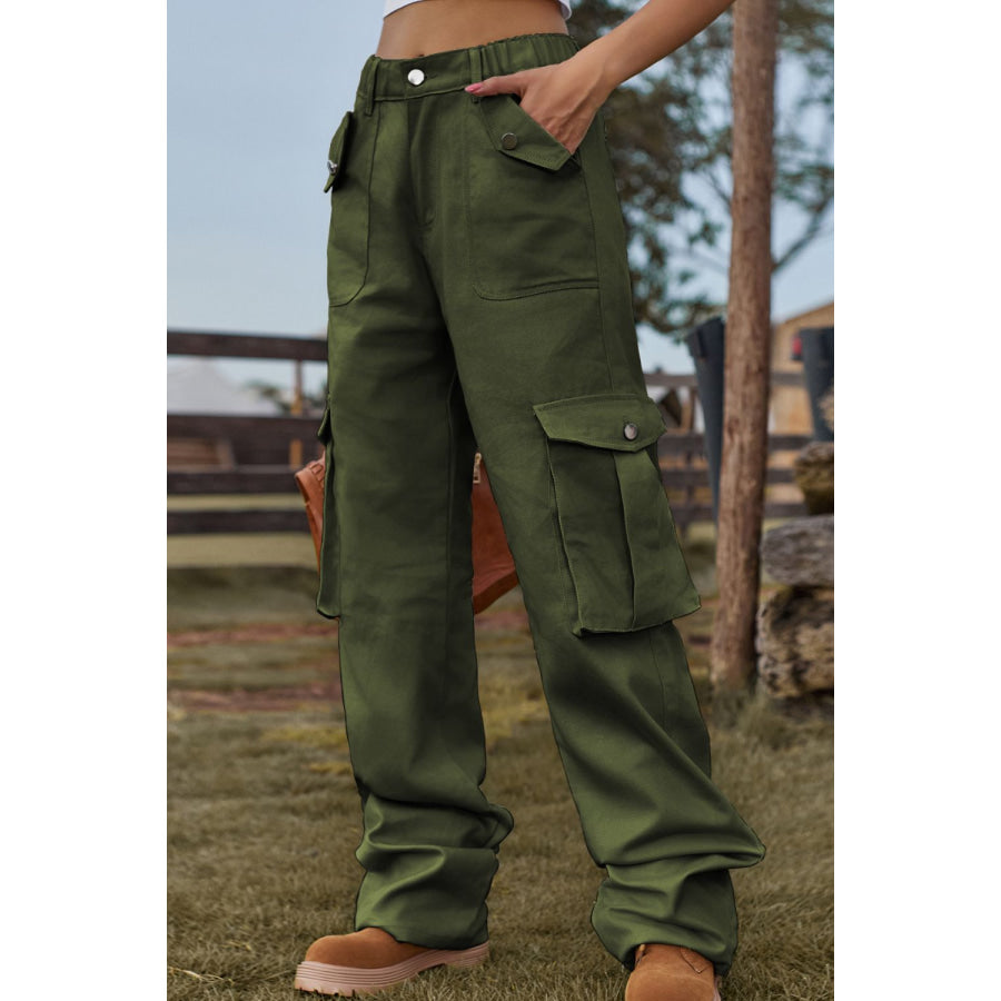 Loose Fit Long Jeans with Pockets Army Green / S
