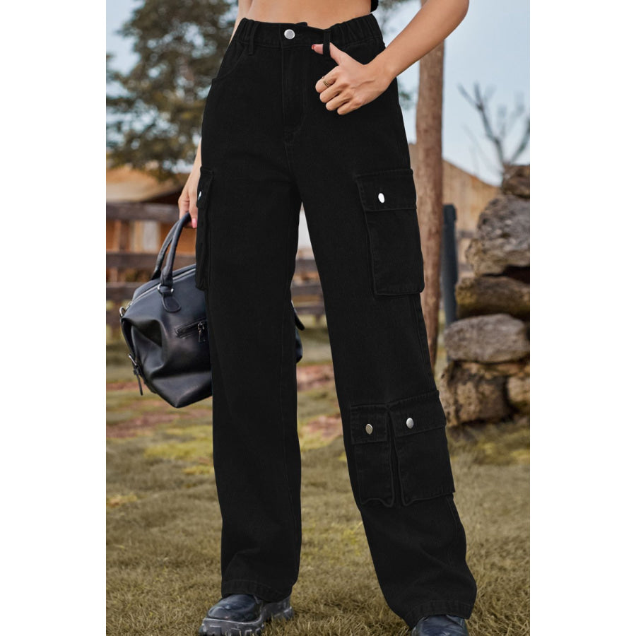 Loose Fit Long Jeans with Pockets Black / S