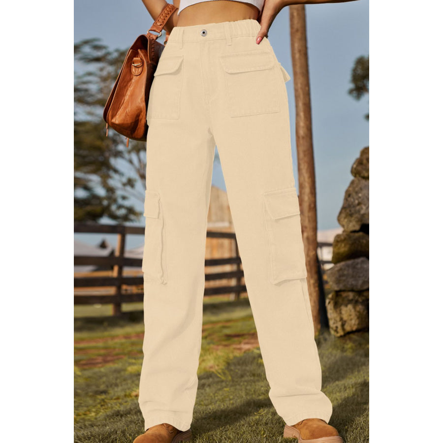 Loose Fit Long Jeans with Pockets Sand / S