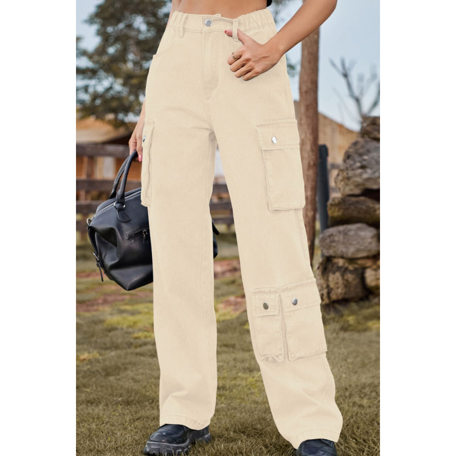 Loose Fit Long Jeans with Pockets Sand / S