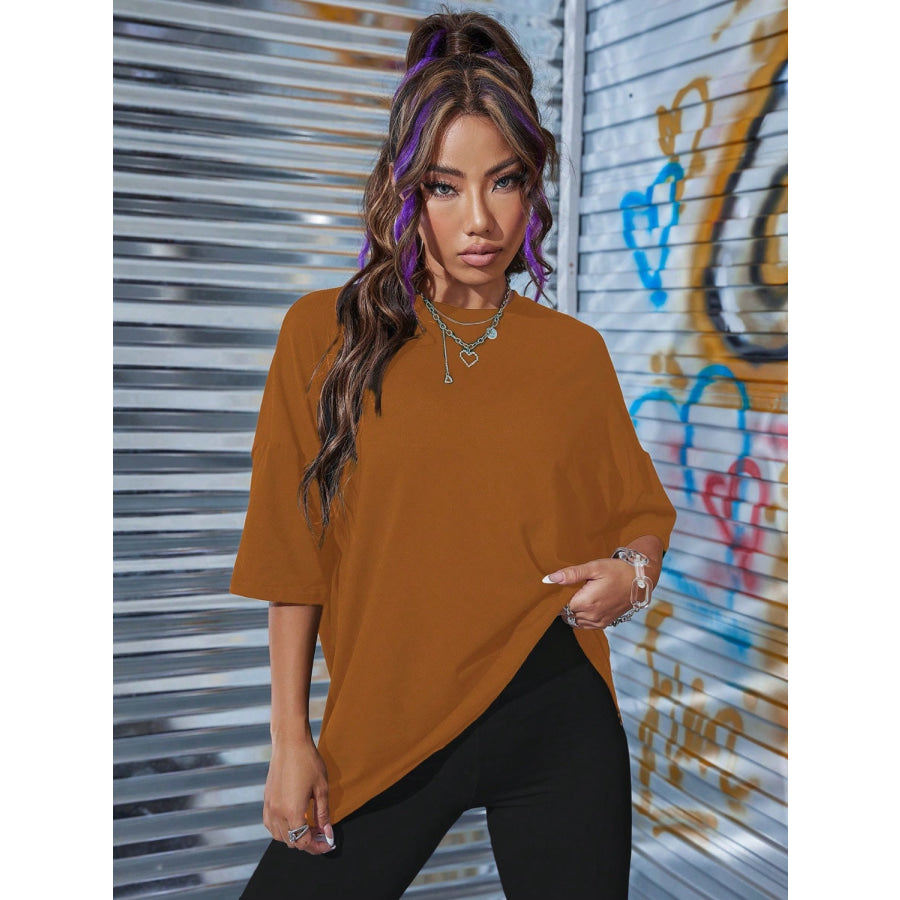 LOS ANGELES Round Neck Dropped Shoulder T-Shirt Caramel / XS Apparel and Accessories