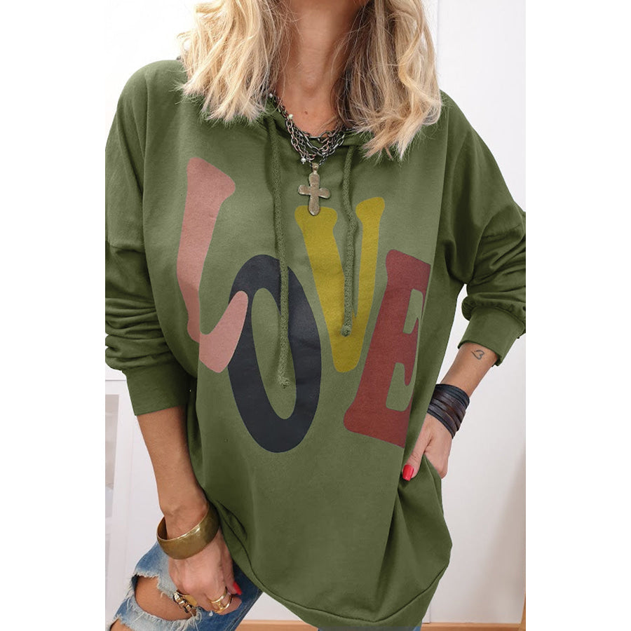 LOVE Drawstring Dropped Shoulder Hoodie Moss / S Apparel and Accessories