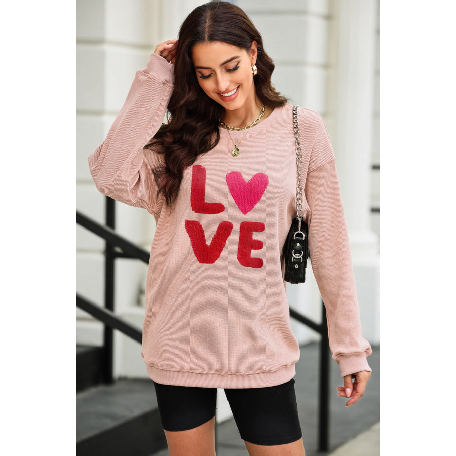 LOVE Round Neck Dropped Shoulder Sweatshirt Dusty Pink / S Apparel and Accessories