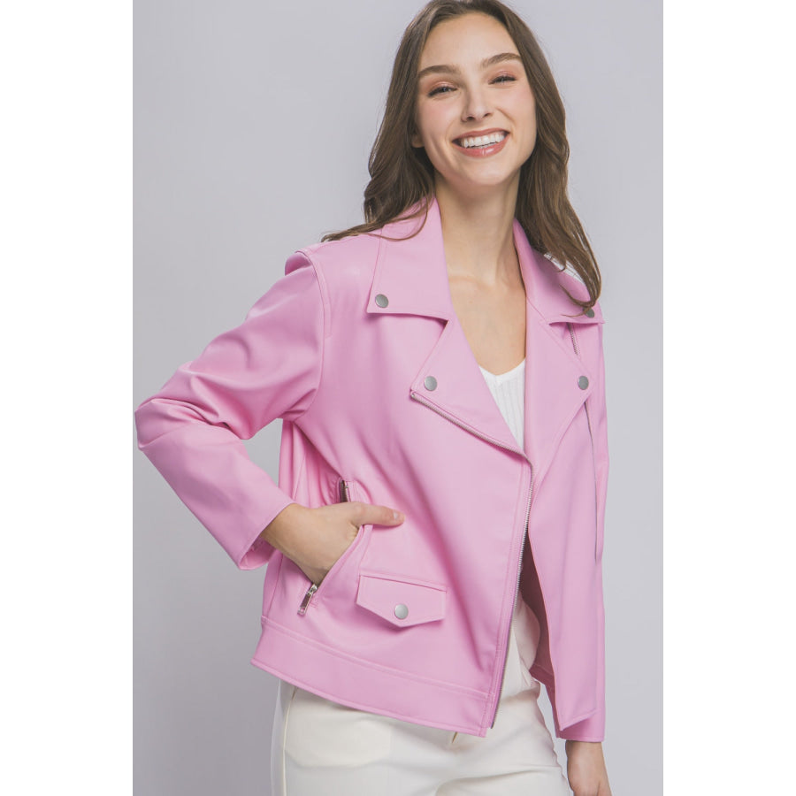 Love Tree Collared Neck Zip Up Jacket PINK / S Apparel and Accessories
