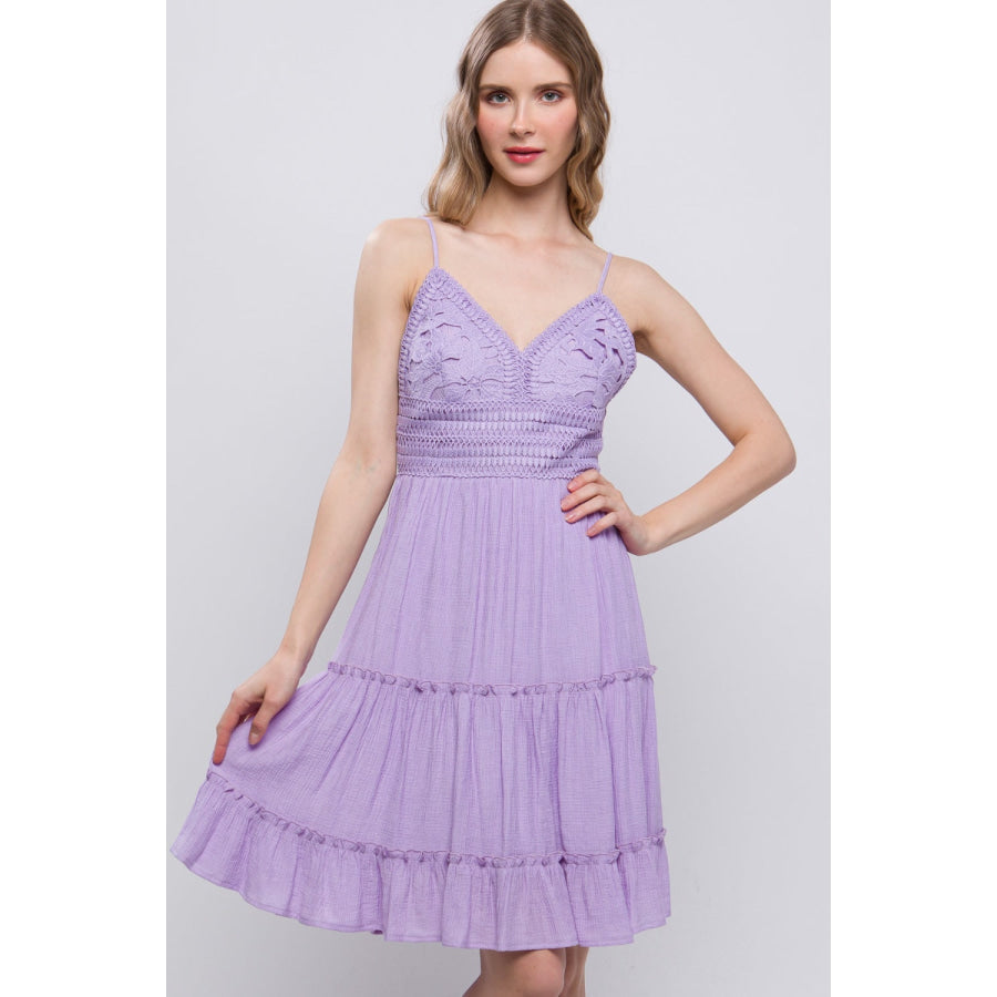 Love Tree Lace Detail Tied V-Neck Mini Cami Dress LAVENDER / S Apparel and Accessories