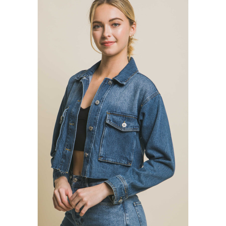 Love Tree Raw Hem Button Up Cropped Denim Jacket Apparel and Accessories