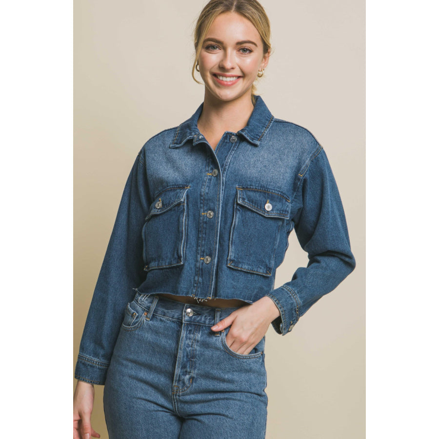 Love Tree Raw Hem Button Up Cropped Denim Jacket Apparel and Accessories