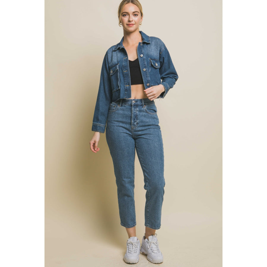 Love Tree Raw Hem Button Up Cropped Denim Jacket Apparel and Accessories