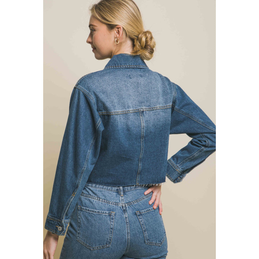 Love Tree Raw Hem Button Up Cropped Denim Jacket Apparel and Accessories