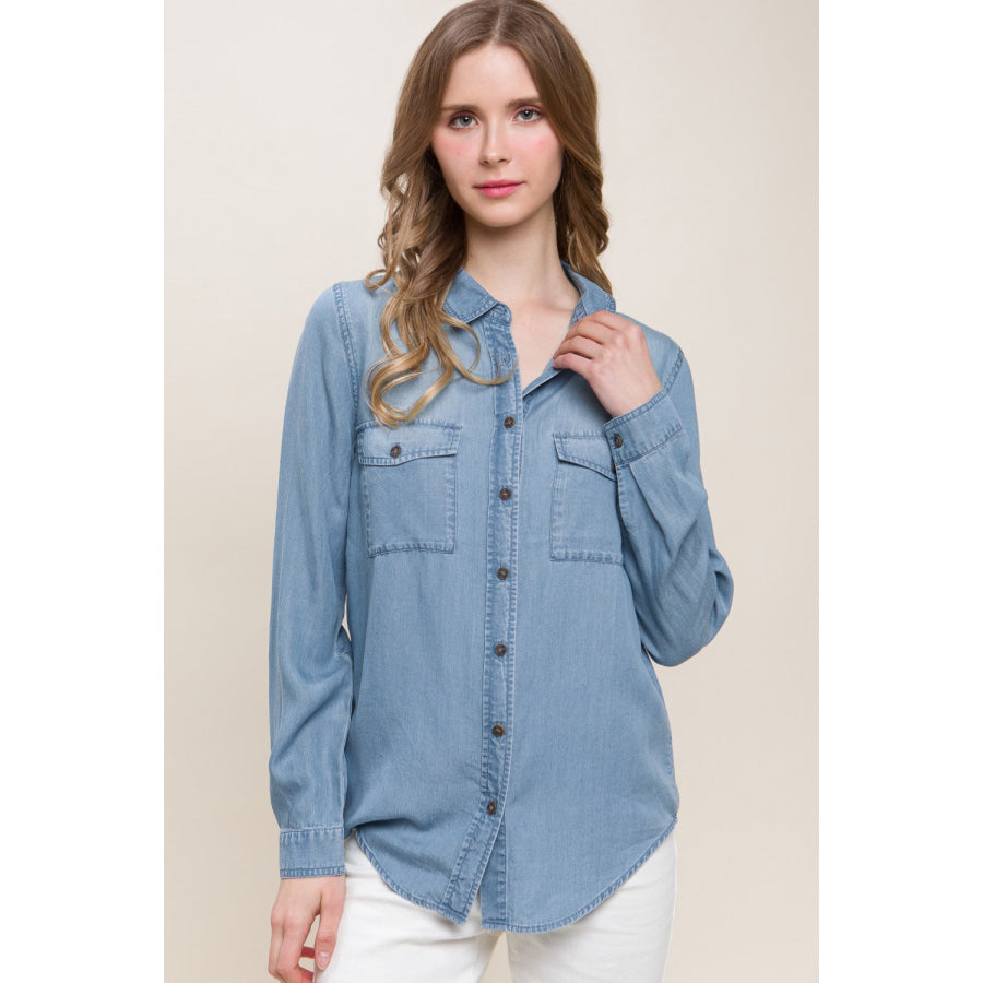 Love Tree Scooped Hem Button Up Denim Shirt Blue / S Apparel and Accessories