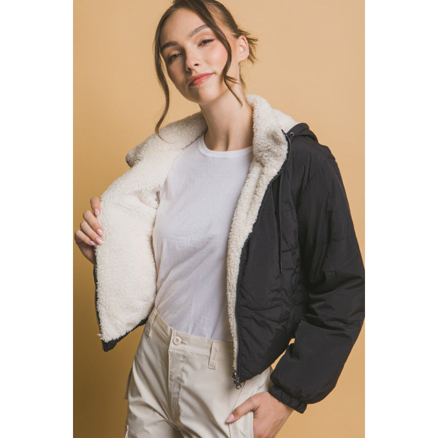 Love Tree Zip Up Cropped Hooded Sherpa Reversible Jacket Black / S Apparel and Accessories