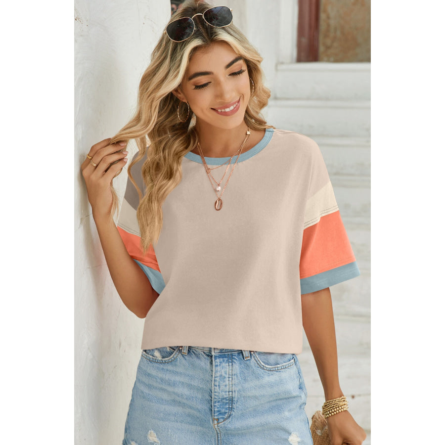 Lovelet Color Block Round Neck Half Sleeve T-Shirt Dust Storm / S Apparel and Accessories