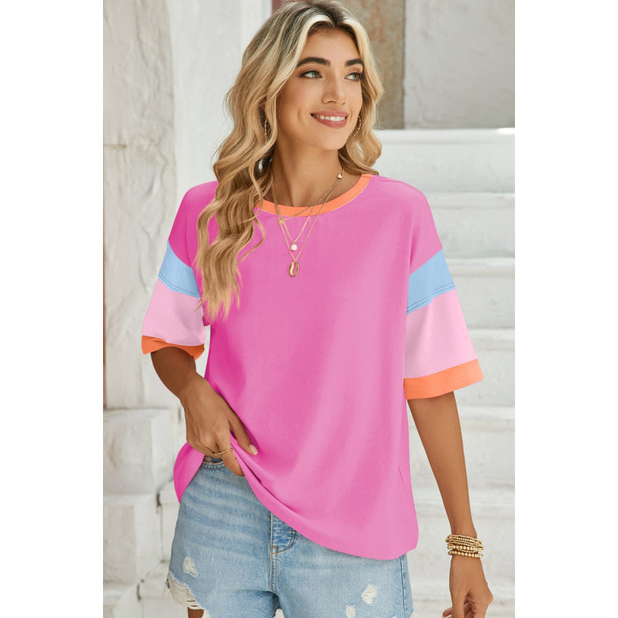 Lovelet Color Block Round Neck Half Sleeve T-Shirt Fuchsia Pink / S Apparel and Accessories
