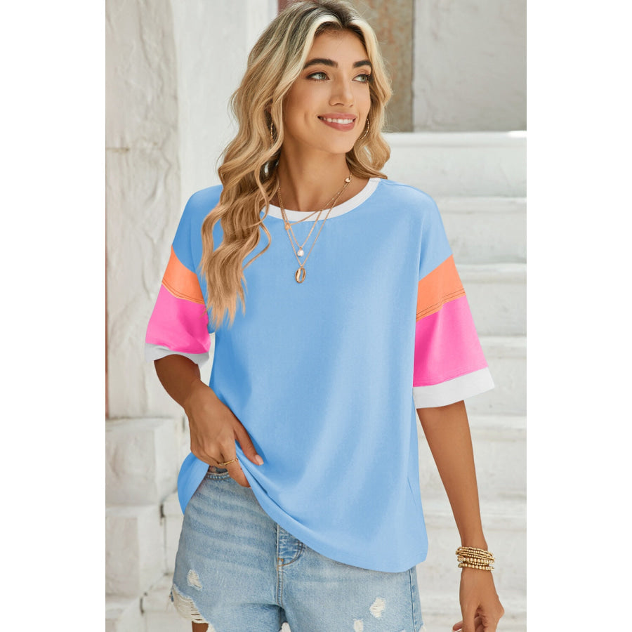 Lovelet Color Block Round Neck Half Sleeve T-Shirt Light Blue / S Apparel and Accessories