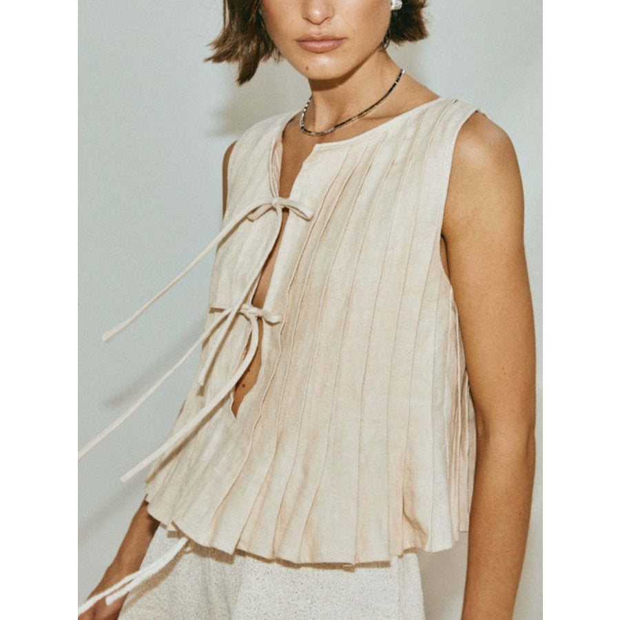 Lovelet Pleated Tied Round Neck Vest Tan / S Apparel and Accessories
