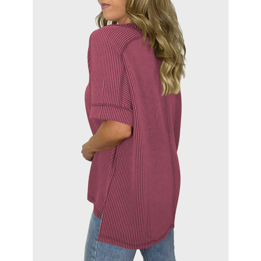 Lovelet Texture V-Neck Half Sleeve T-Shirt Apparel and Accessories