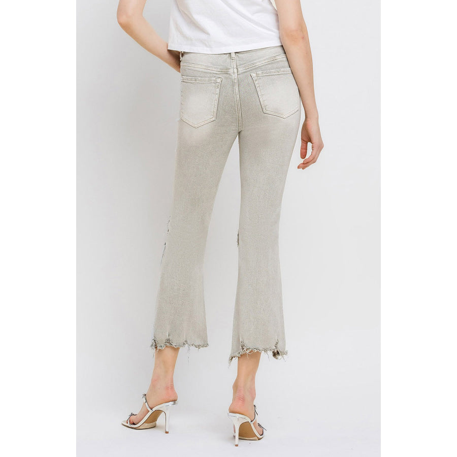 Lovervet Distressed Raw Hem Cropped Flare Jeans Moss Green / 24 Apparel and Accessories