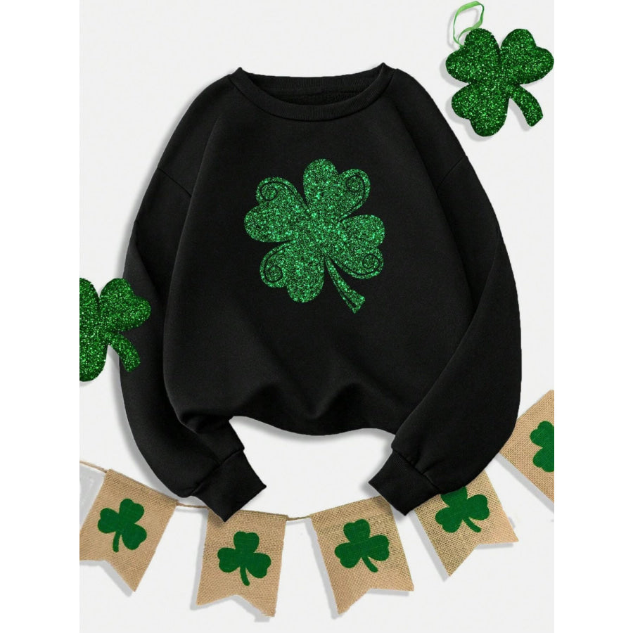 Lucky Clover Round Neck Dropped Shoulder Sweatshirt Black / S Apparel and Accessories