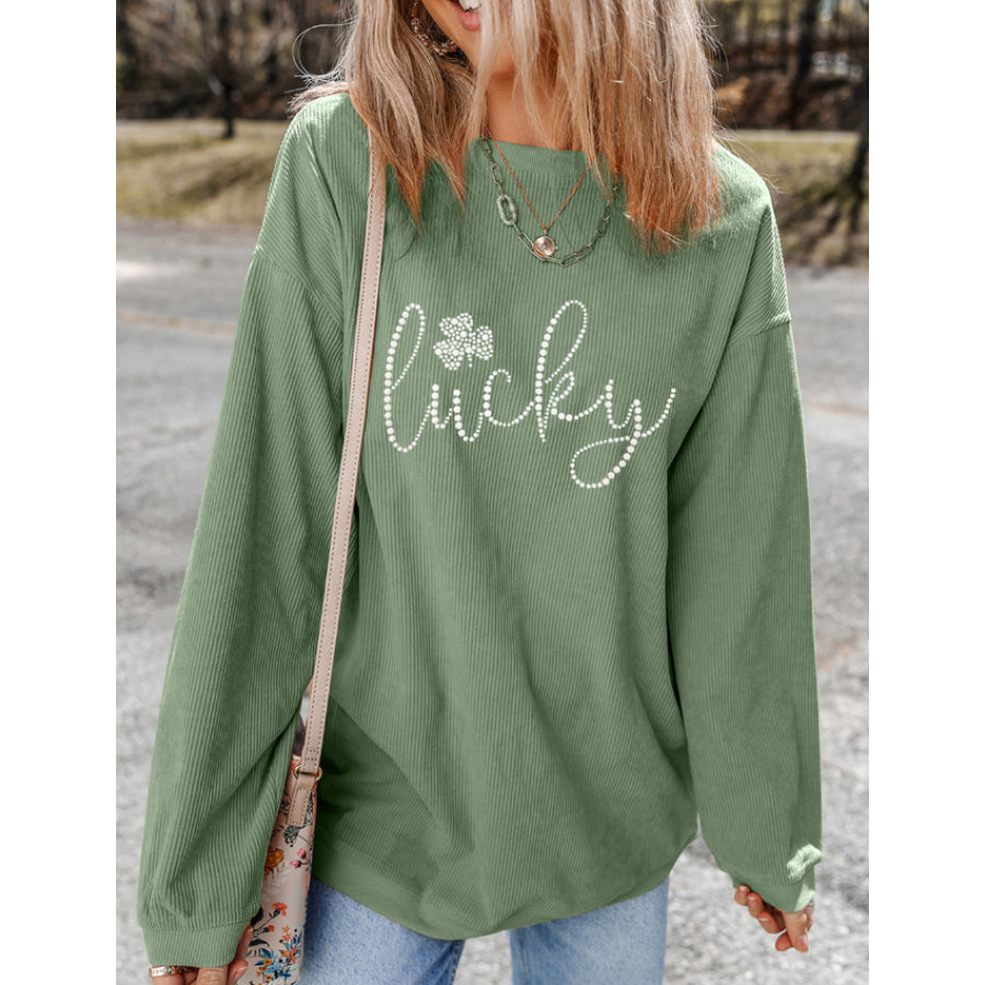 LUCKY Rhinestone Round Neck Long Sleeve Sweatshirt Apparel and Accessories