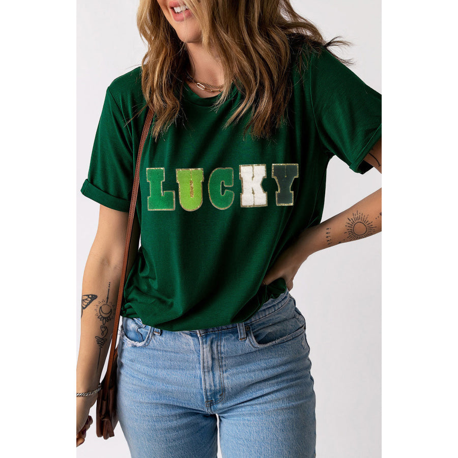 LUCKY Round Neck Short Sleeve T-Shirt Green / S Apparel and Accessories