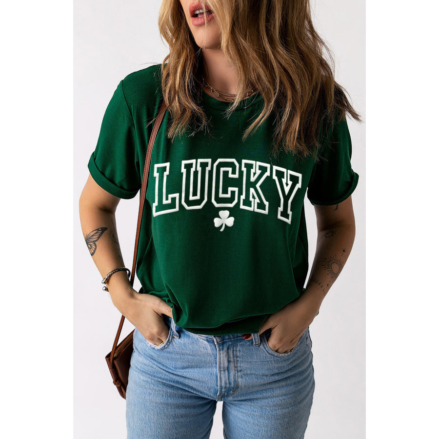 LUCKY Round Neck Short Sleeve T-Shirt Green / S Apparel and Accessories