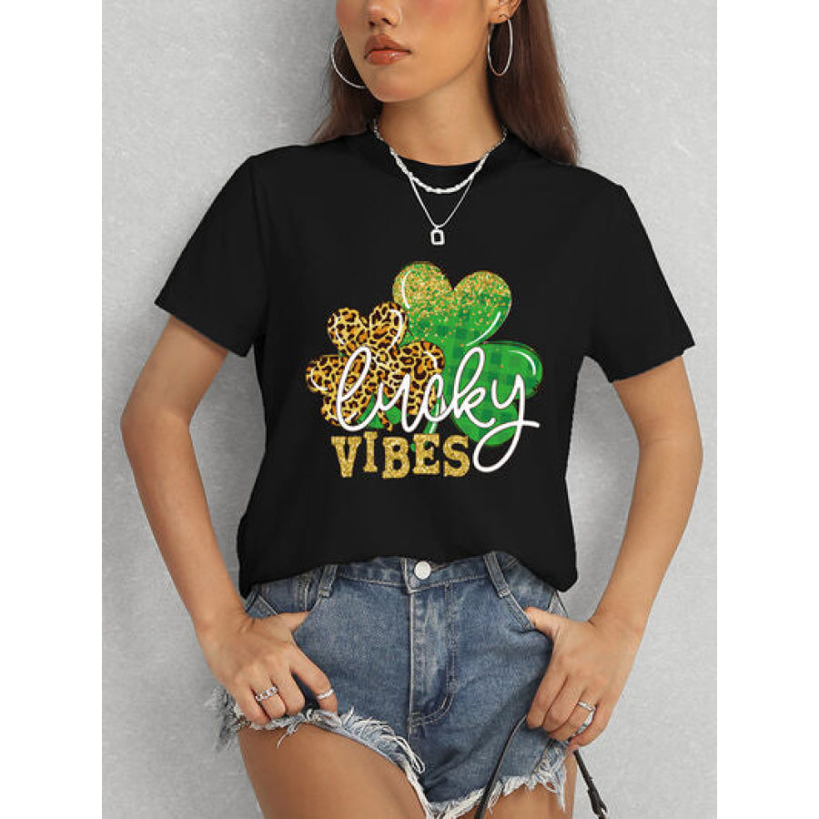 LUCKY VIBES Round Neck Short Sleeve T - Shirt Black / S Apparel and Accessories