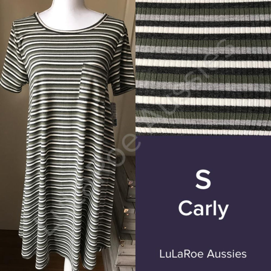 Lularoe Carly S / Olive/grey/cream Stripe Ribbed Dresses