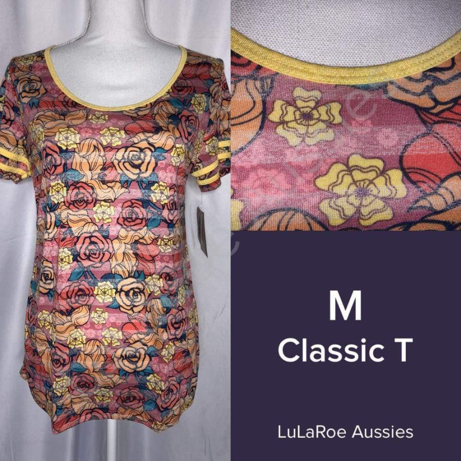 LuLaRoe Classic T M / Coral stripe with Coral Floral and Yellow Ringer Tops