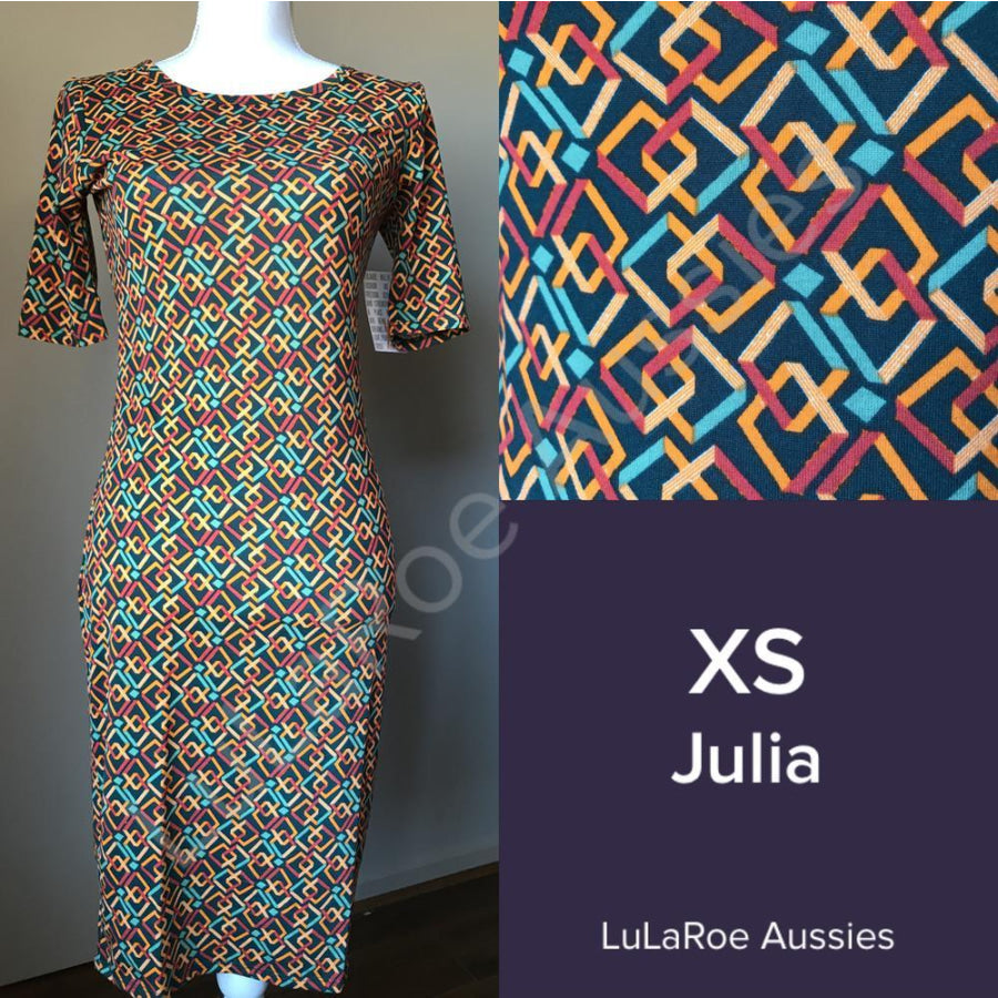 Lularoe Julia Xs / Hunter Green/orange/crimson Geo Dresses