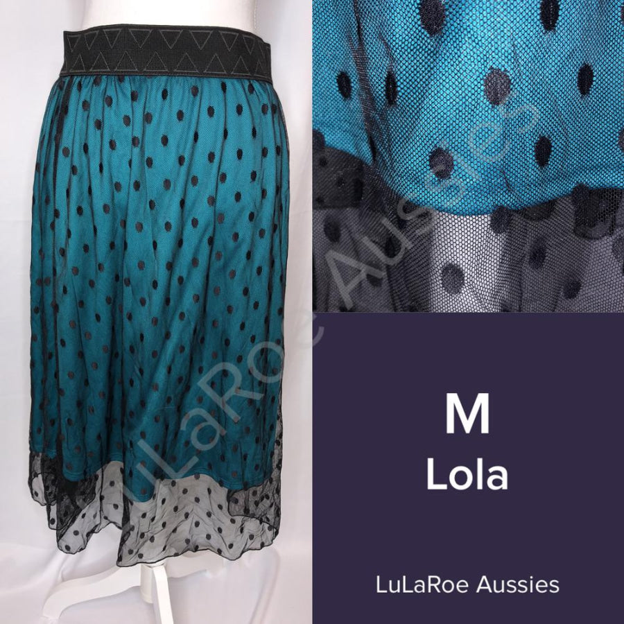 LuLaRoe Lola Skirt - Size Medium M / Black polka dot chiffon over teal Skirts