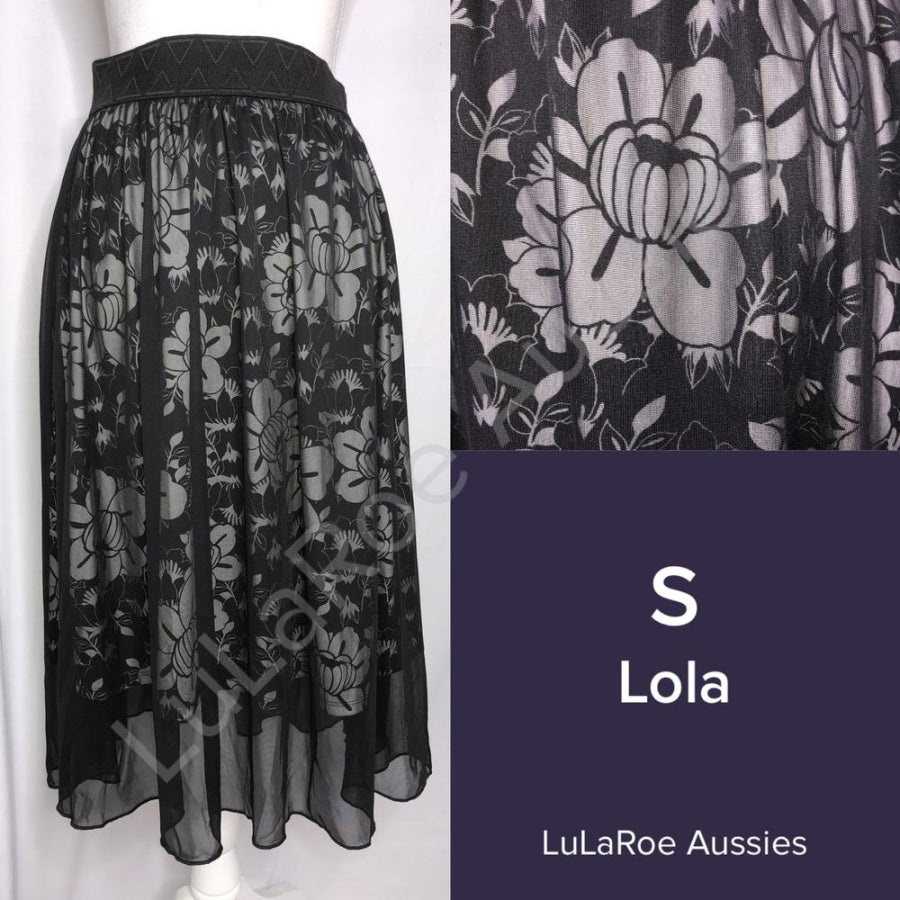 Lularoe Lola S / Black With Burgundy And Grey Floral, Waistband, Chiffon Skirts