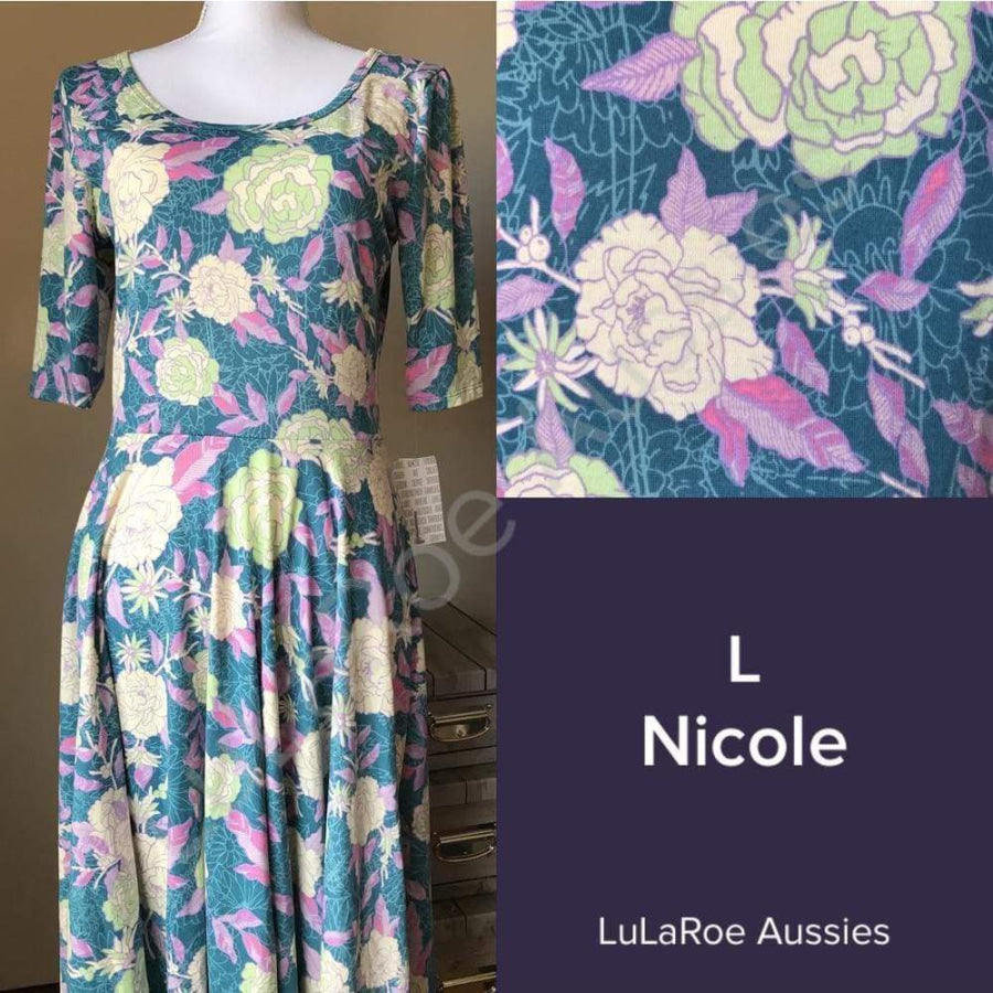 Lularoe Nicole L / Teal With Pale Green/cream/lavender/pink Floral Jersey Dresses