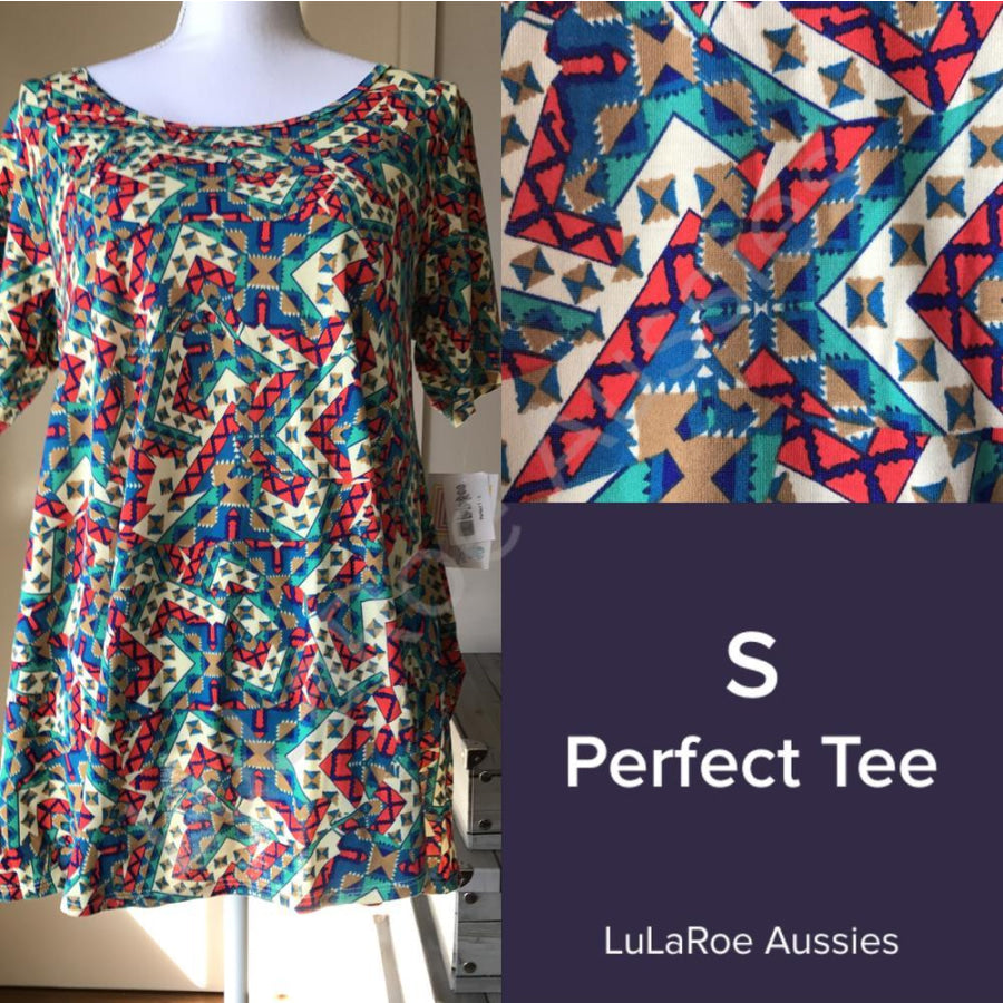 Lularoe Perfect T S / Red/cream/gold/blue/green Aztec Geo Tops