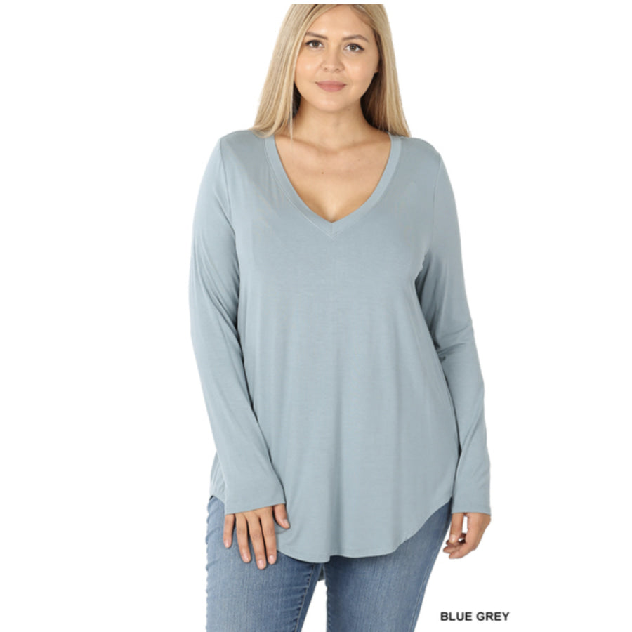 Luxe Long Sleeve V-Neck Hi-Low Hem Top - Blue Grey 3XL Tops