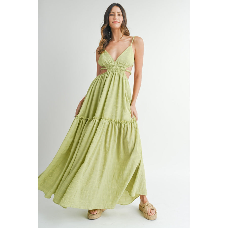 MABLE Cutout Waist Backless Maxi Dress Sage / S Apparel and Accessories