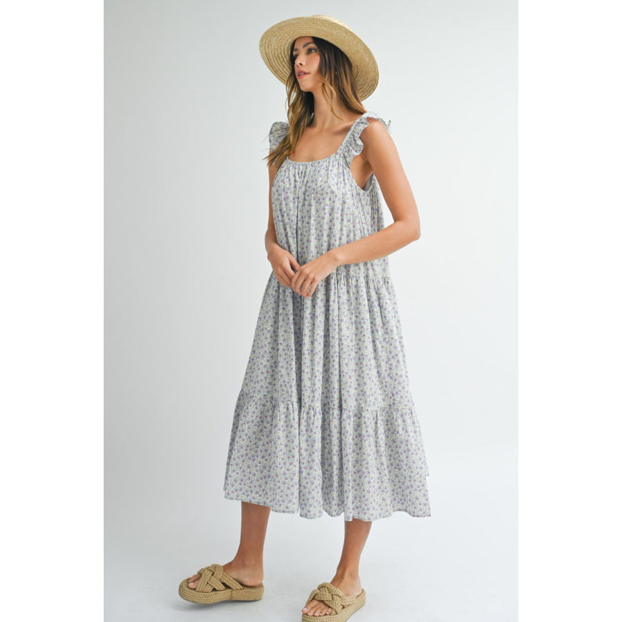 MABLE Floral Ruffle Shoulder Tiered Midi Dress Apparel and Accessories