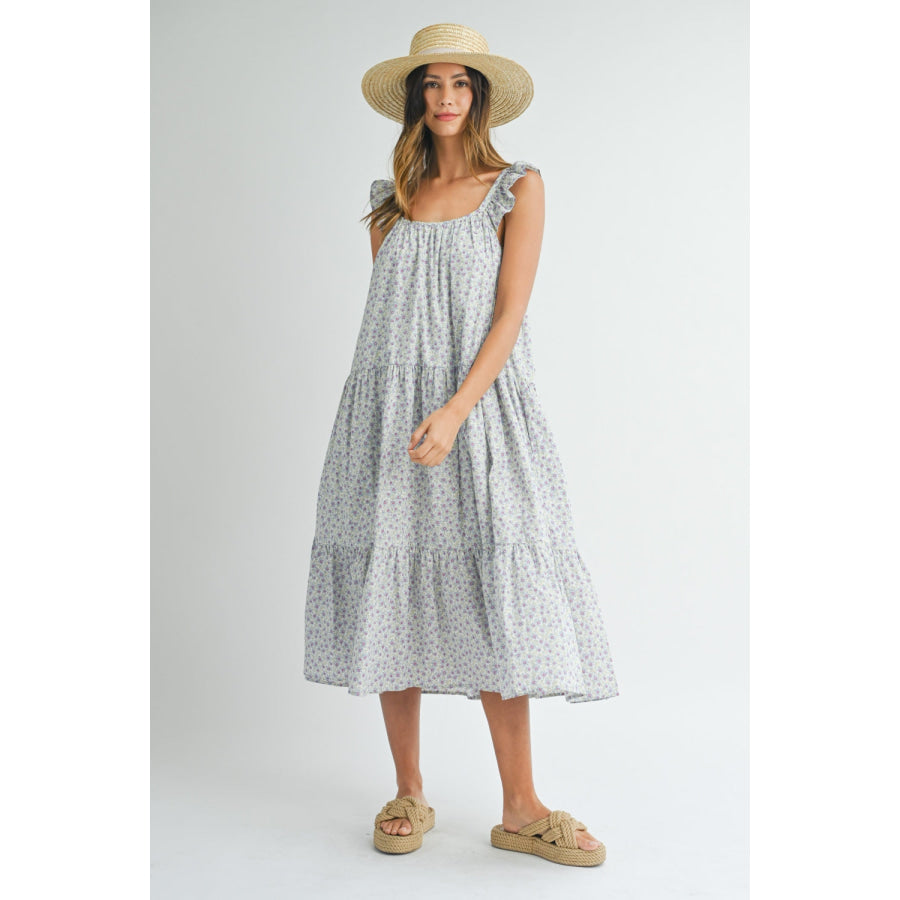 MABLE Floral Ruffle Shoulder Tiered Midi Dress Blue / S Apparel and Accessories