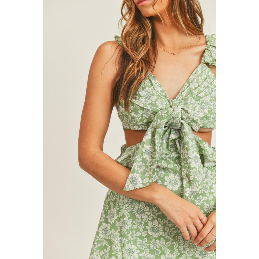 MABLE Floral Side Cutout Ruffled Mini Dress Apparel and Accessories