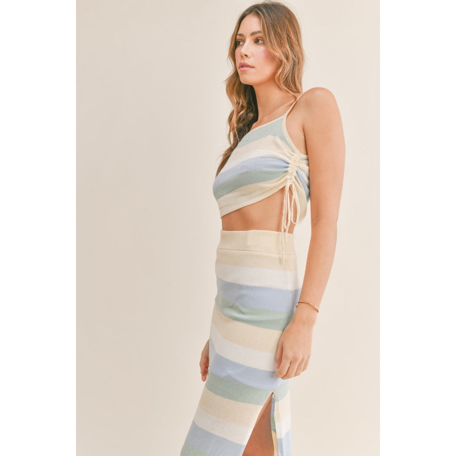 MABLE Striped Knit Cami and Midi Skirt Set Blue / S Apparel and Accessories