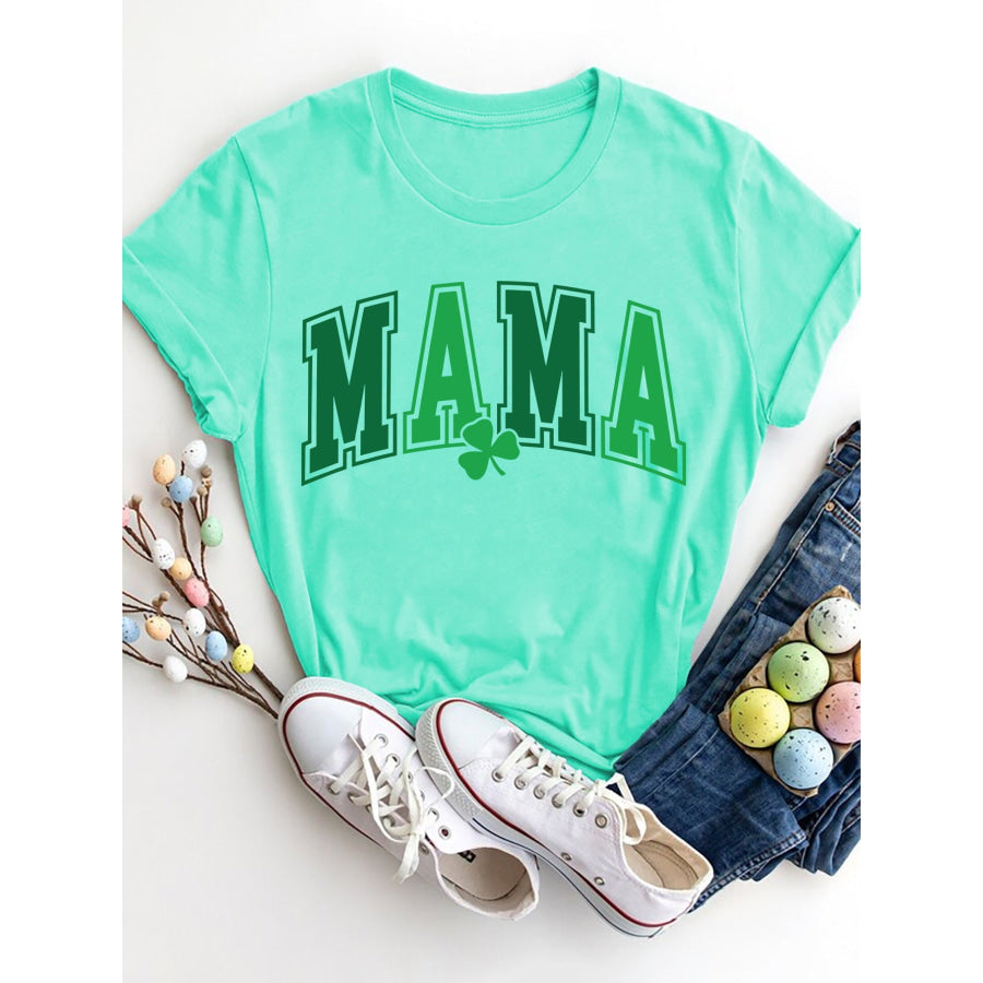 MAMA Round Neck Short Sleeve T - Shirt Tiffany Blue / S Apparel and Accessories