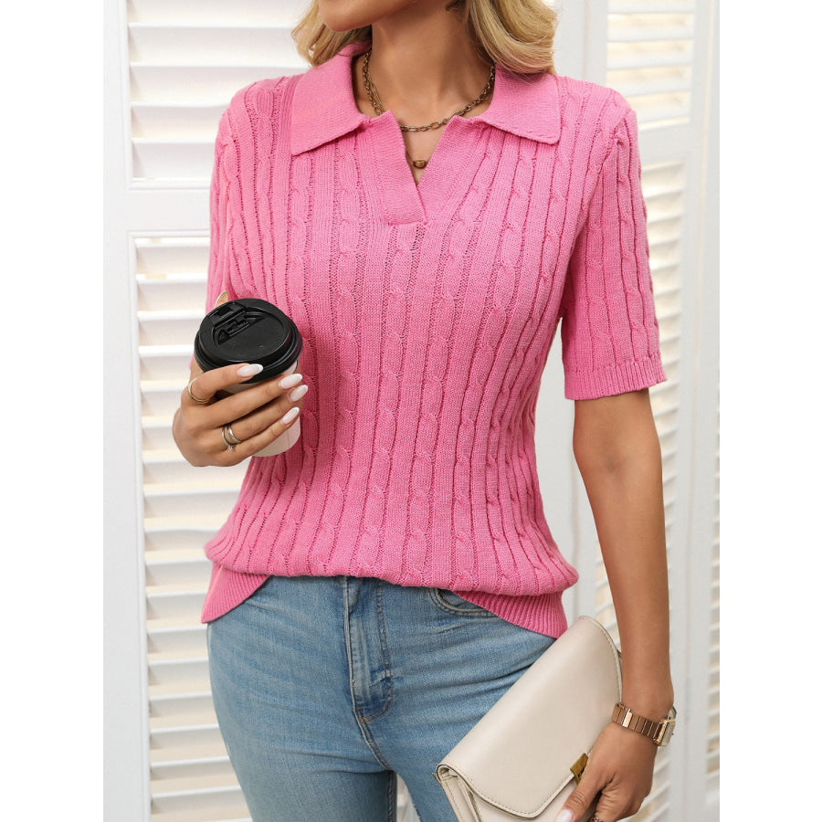 Mandy Cable Knit Johnny Collar Half Sleeve Sweater Apparel and Accessories