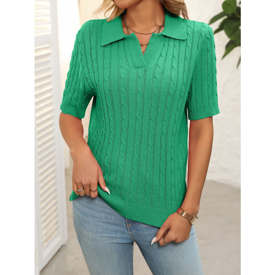 Mandy Cable Knit Johnny Collar Half Sleeve Sweater Apparel and Accessories