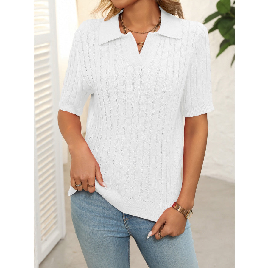 Mandy Cable Knit Johnny Collar Half Sleeve Sweater Apparel and Accessories