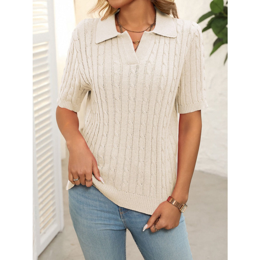 Mandy Cable Knit Johnny Collar Half Sleeve Sweater Apparel and Accessories