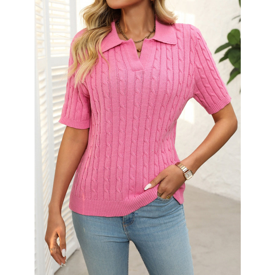 Mandy Cable Knit Johnny Collar Half Sleeve Sweater Apparel and Accessories