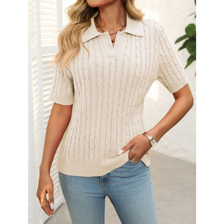 Mandy Cable Knit Johnny Collar Half Sleeve Sweater Apparel and Accessories