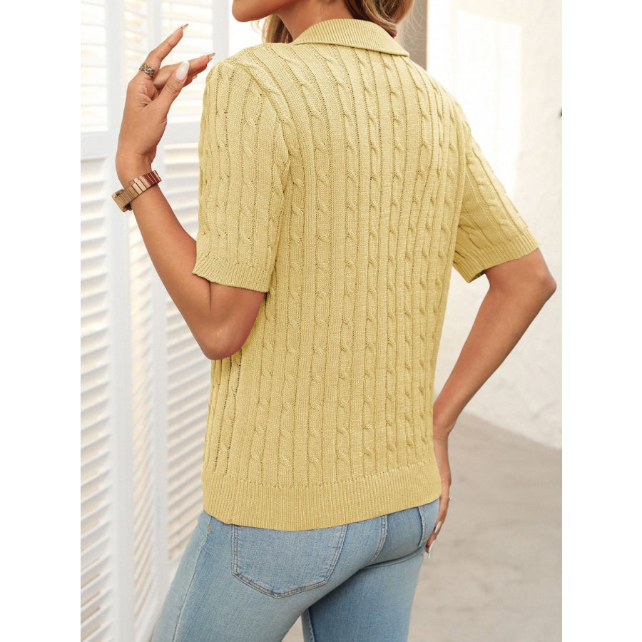 Mandy Cable Knit Johnny Collar Half Sleeve Sweater Apparel and Accessories